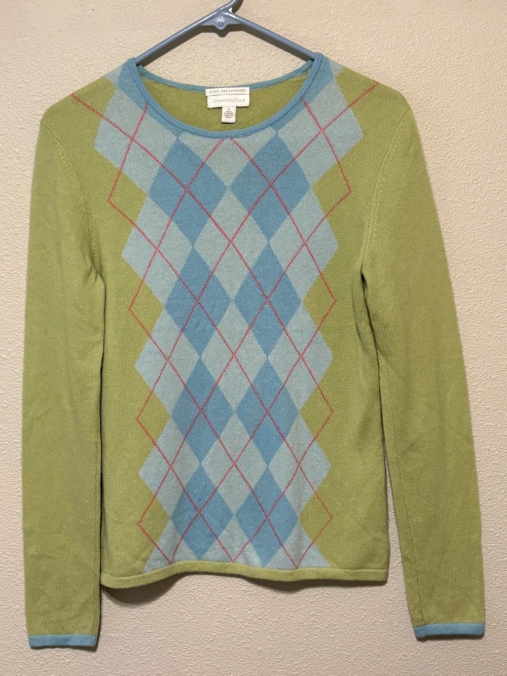 100% Cashmere Charter Club Green Argyle Sweater